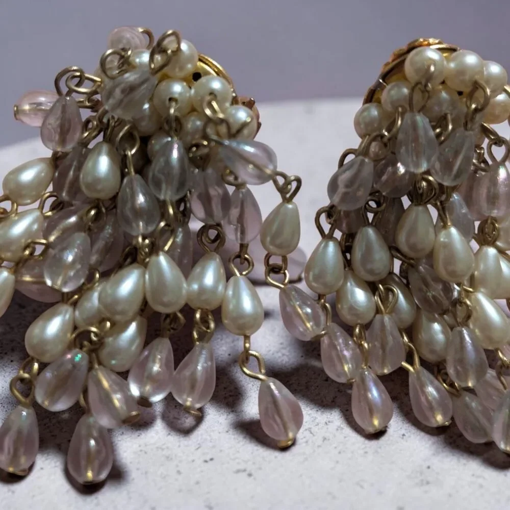 Vintage Faux Pearl Pink Bead Cascade Clip On Earrings, Cottagecore Jewelry
